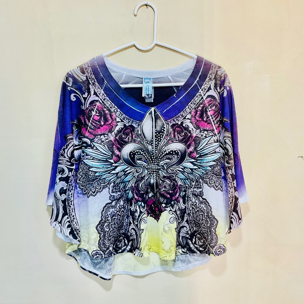 Poncho style purple/black/silver top size L